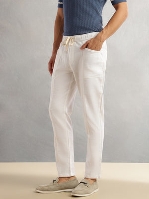 Thomas Scott Men White Regular Fit Mid-Rise Drawstring Solid Cotton Woven Trouser