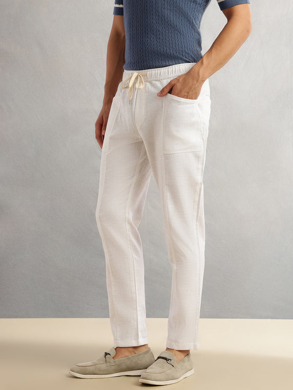 Thomas Scott Men White Regular Fit Mid-Rise Drawstring Solid Cotton Woven Trouser