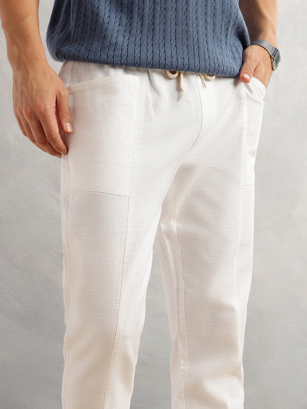 Thomas Scott Men White Regular Fit Mid-Rise Drawstring Solid Cotton Woven Trouser