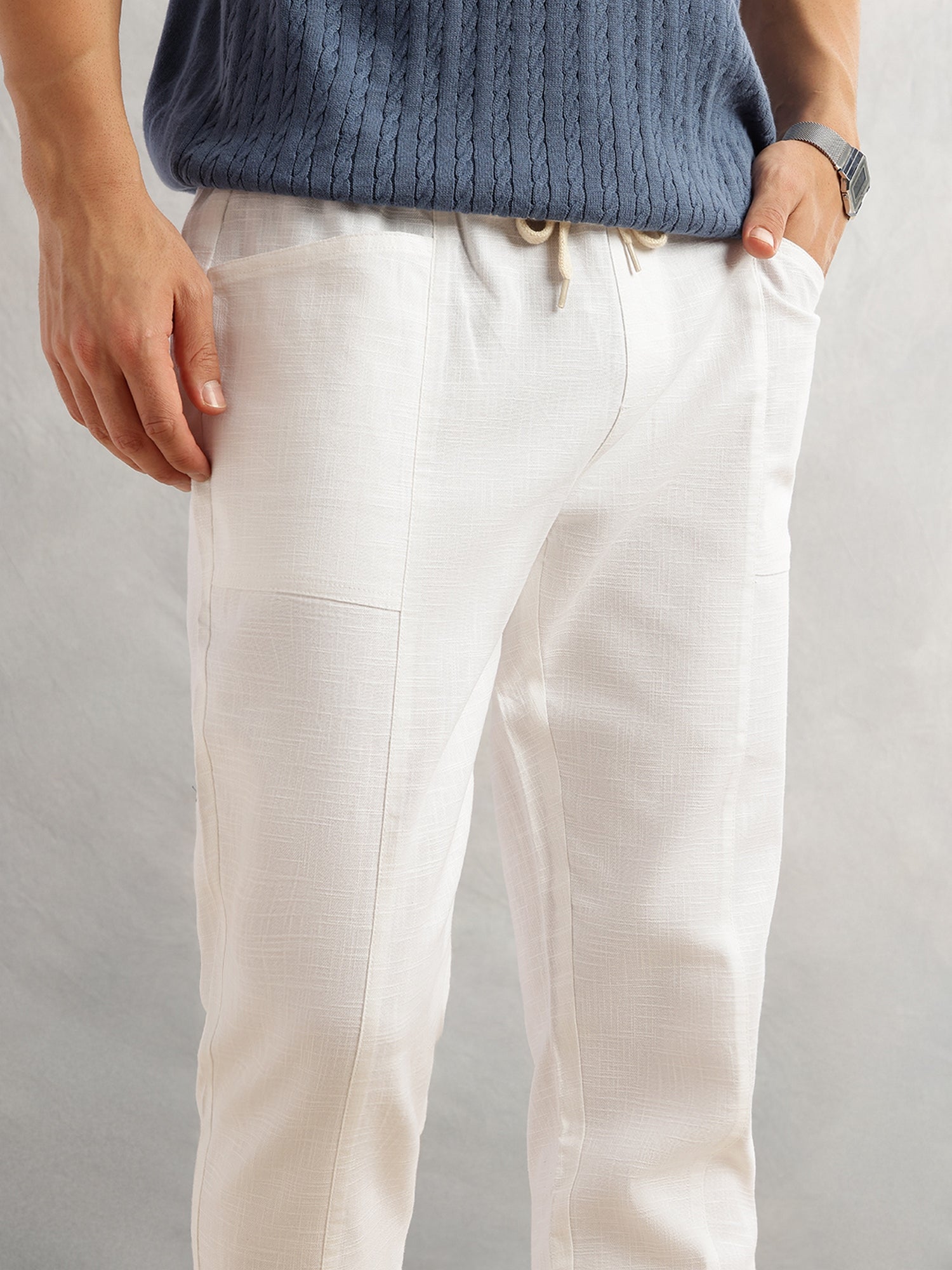 Thomas Scott Men White Regular Fit Mid-Rise Drawstring Solid Cotton Woven Trouser