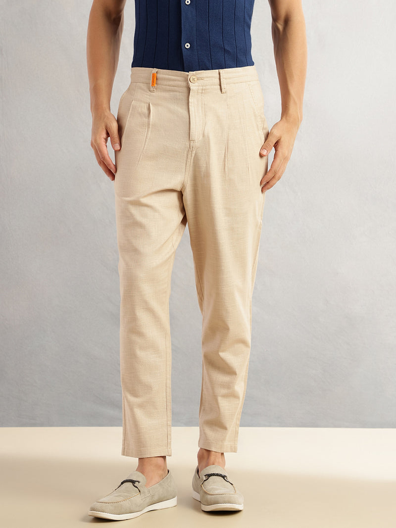 Thomas Scott Men Beige Regular Fit Mid-Rise Solid 100% Cotton Pleated Design Woven Trouser