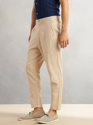 Thomas Scott Men Beige Regular Fit Mid-Rise Solid 100% Cotton Pleated Design Woven Trouser