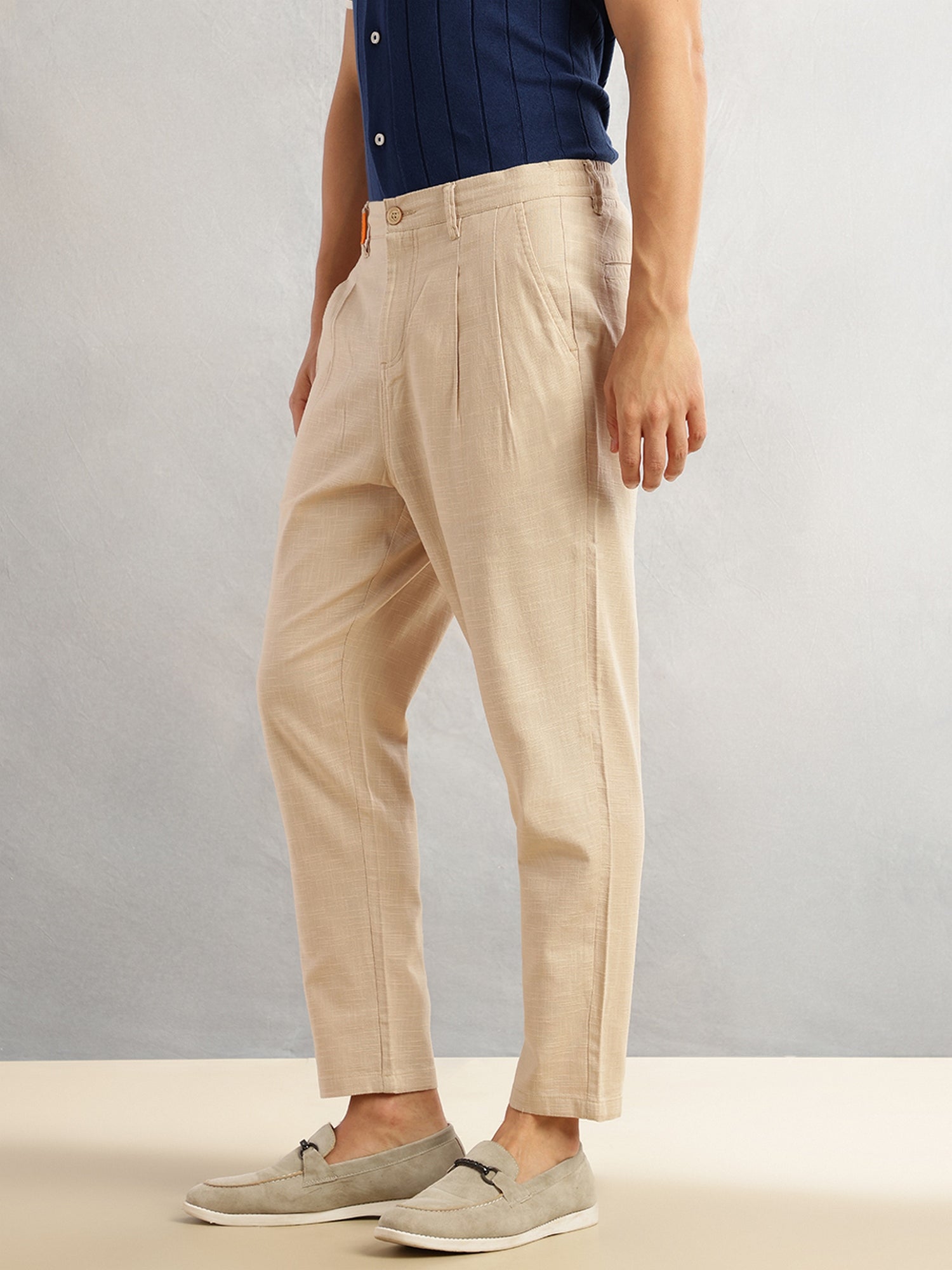 Thomas Scott Men Beige Regular Fit Mid-Rise Solid 100% Cotton Pleated Design Woven Trouser