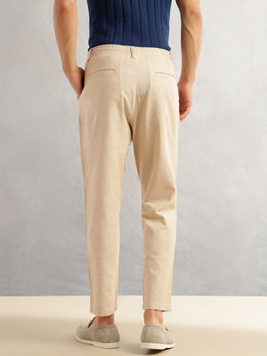 Thomas Scott Men Beige Regular Fit Mid-Rise Solid 100% Cotton Pleated Design Woven Trouser