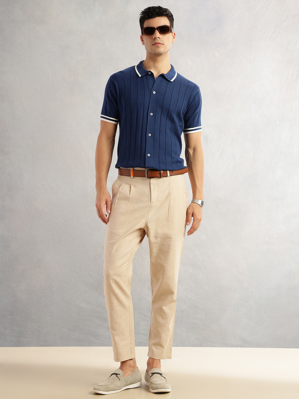 Thomas Scott Men Beige Regular Fit Mid-Rise Solid 100% Cotton Pleated Design Woven Trouser