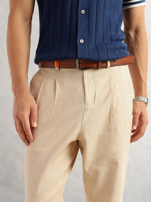 Thomas Scott Men Beige Regular Fit Mid-Rise Solid 100% Cotton Pleated Design Woven Trouser