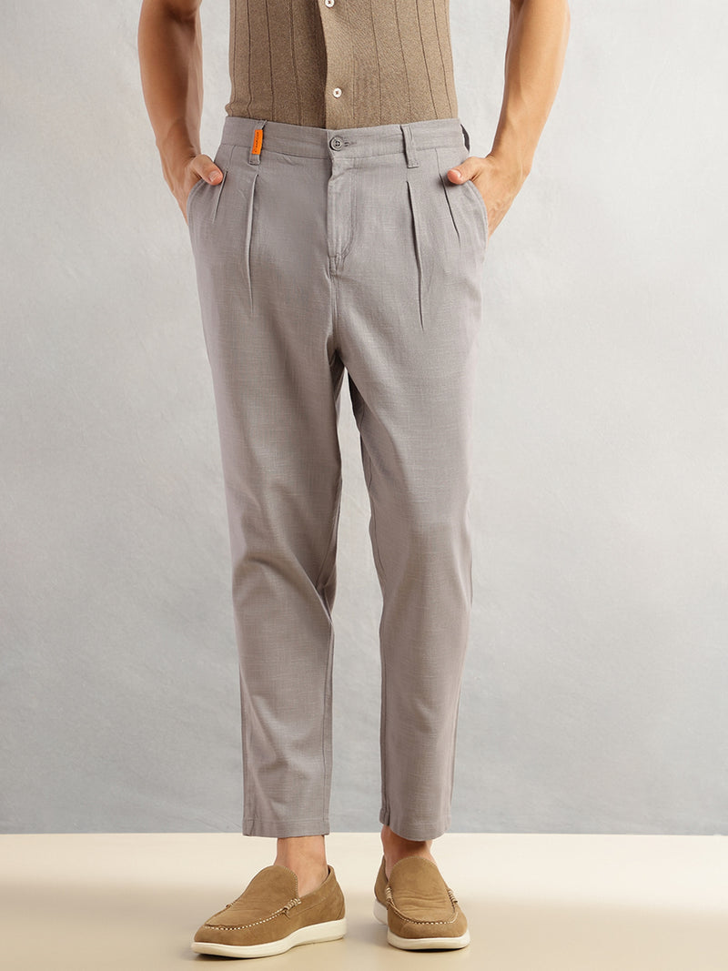 Thomas Scott Men Grey Regular Fit Mid-Rise Solid 100% Cotton Pleated Design Woven Trouser
