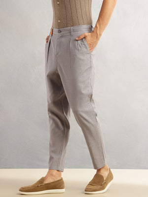 Thomas Scott Men Grey Regular Fit Mid-Rise Solid 100% Cotton Pleated Design Woven Trouser