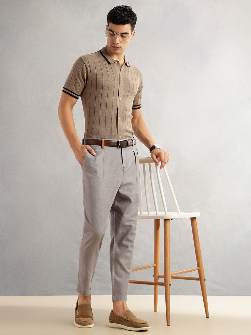 Thomas Scott Men Grey Regular Fit Mid-Rise Solid 100% Cotton Pleated Design Woven Trouser