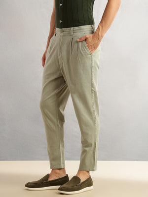 Thomas Scott Men Mint Regular Fit Mid-Rise Solid 100% Cotton Pleated Design Woven Trouser