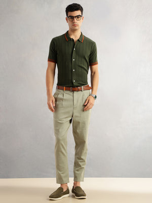 Thomas Scott Men Mint Regular Fit Mid-Rise Solid 100% Cotton Pleated Design Woven Trouser
