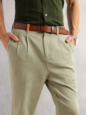 Thomas Scott Men Mint Regular Fit Mid-Rise Solid 100% Cotton Pleated Design Woven Trouser