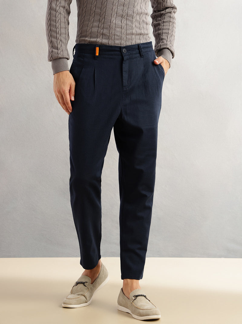 Thomas Scott Men Navy Regular Fit Mid-Rise Solid 100% Cotton Pleated Design Woven Trouser