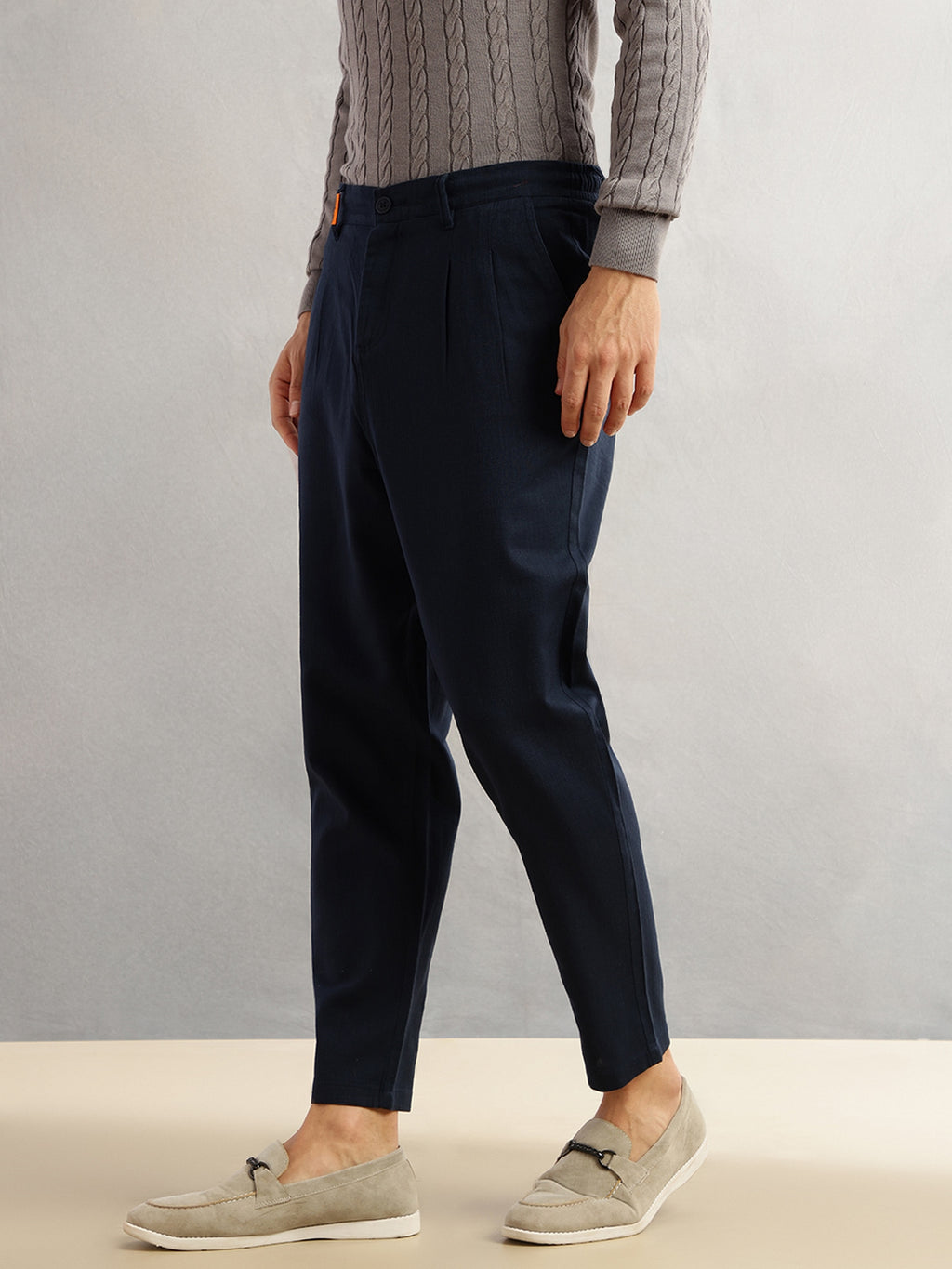 Thomas Scott Men Navy Regular Fit Mid-Rise Solid 100% Cotton Pleated Design Woven Trouser