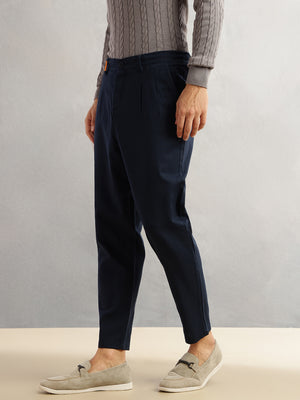 Thomas Scott Men Navy Regular Fit Mid-Rise Solid 100% Cotton Pleated Design Woven Trouser