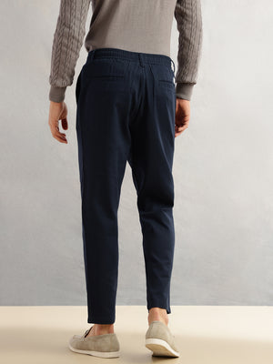 Thomas Scott Men Navy Regular Fit Mid-Rise Solid 100% Cotton Pleated Design Woven Trouser