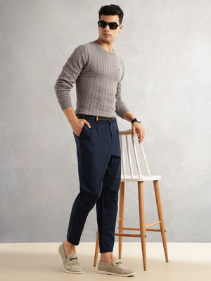 Thomas Scott Men Navy Regular Fit Mid-Rise Solid 100% Cotton Pleated Design Woven Trouser