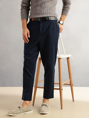 Thomas Scott Men Navy Regular Fit Mid-Rise Solid 100% Cotton Pleated Design Woven Trouser