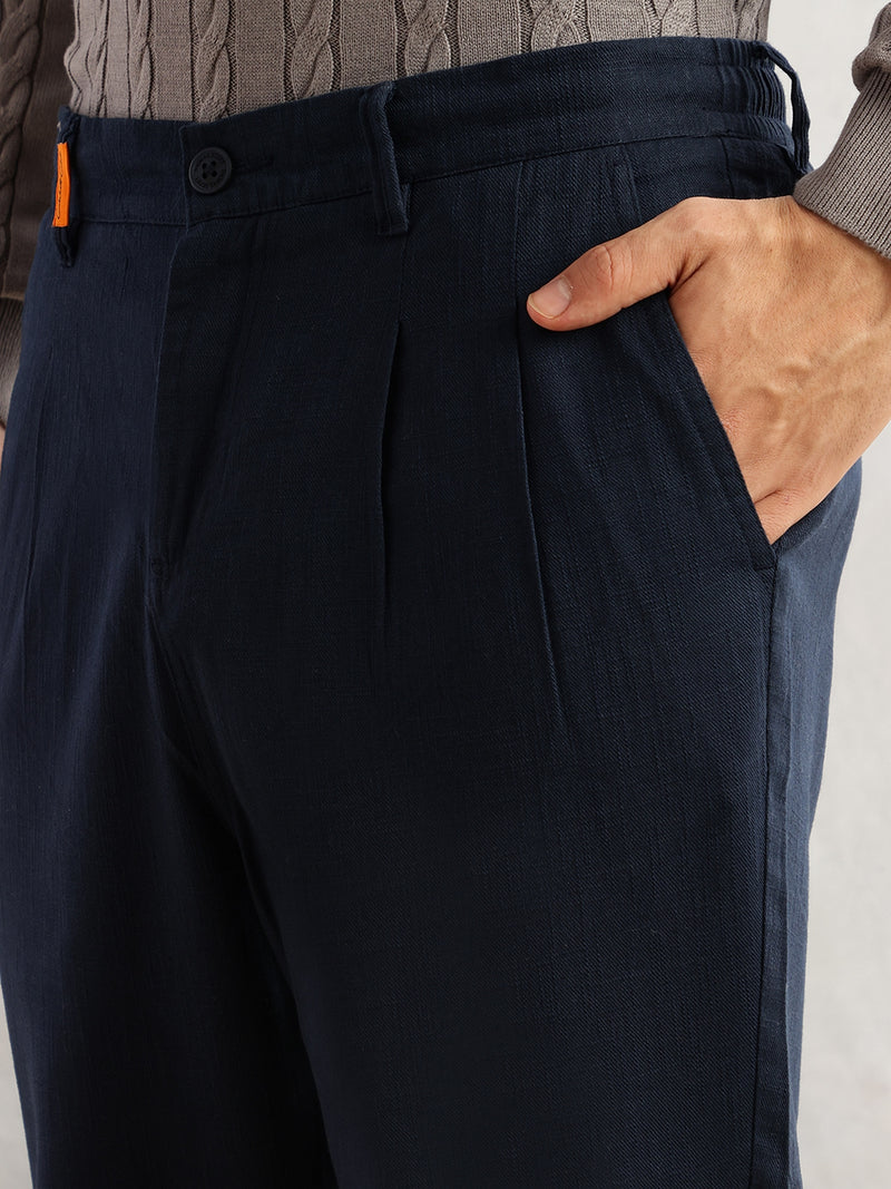 Thomas Scott Men Navy Regular Fit Mid-Rise Solid 100% Cotton Pleated Design Woven Trouser