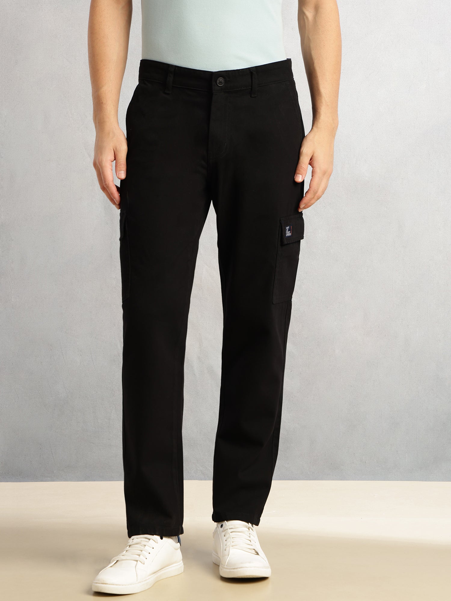 Thomas Scott Men Black Cricket Club Collection Straight Fit Mid-Rise 100% Cotton Woven Cargo Trouser