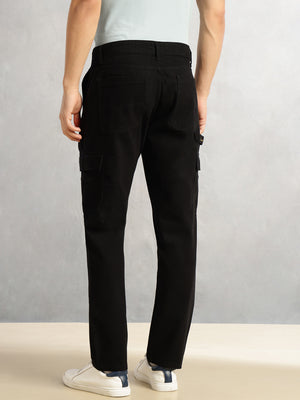 Thomas Scott Men Black Cricket Club Collection Straight Fit Mid-Rise 100% Cotton Woven Cargo Trouser