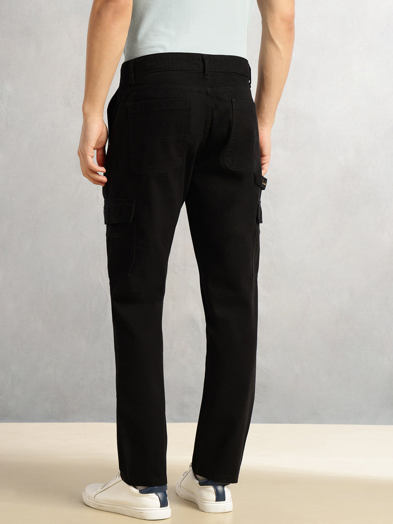 Thomas Scott Men Black Cricket Club Collection Straight Fit Mid-Rise 100% Cotton Woven Cargo Trouser