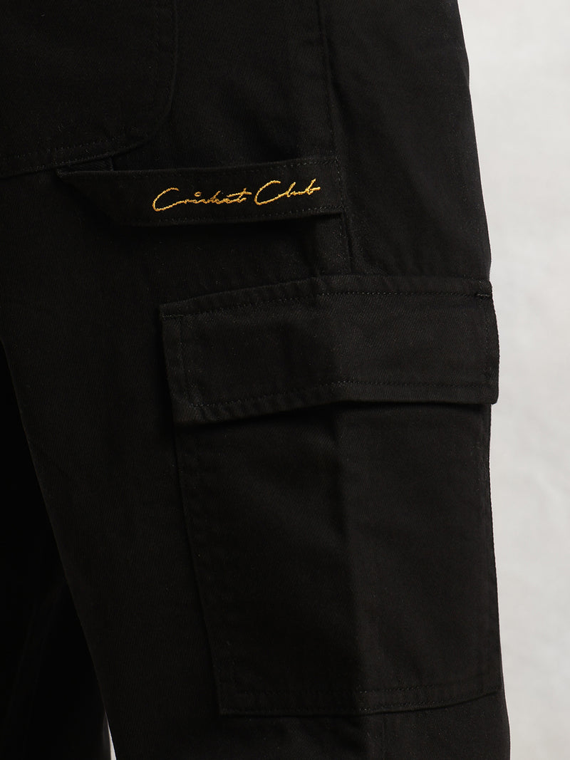 Thomas Scott Men Black Cricket Club Collection Straight Fit Mid-Rise 100% Cotton Woven Cargo Trouser