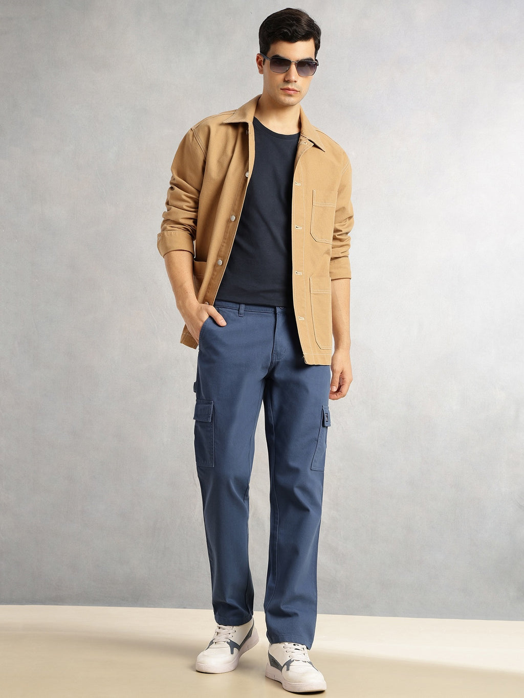 Thomas Scott Men Blue Cricket Club Collection Straight Fit Mid-Rise 100% Cotton Woven Cargo Trouser