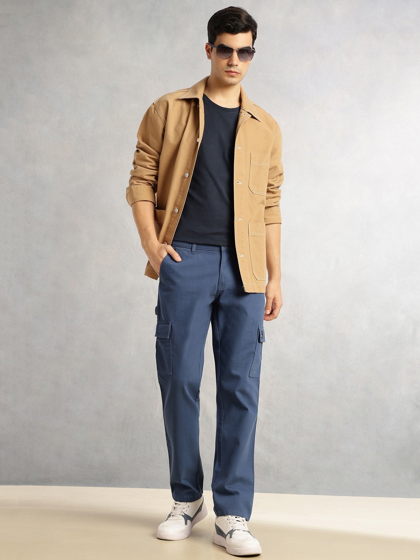 Thomas Scott Men Blue Cricket Club Collection Straight Fit Mid-Rise 100% Cotton Woven Cargo Trouser