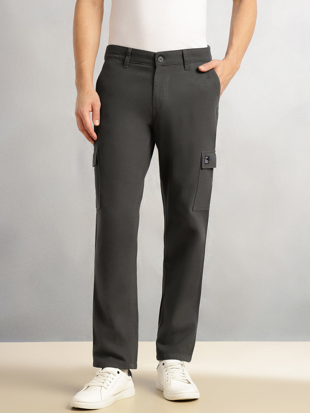Thomas Scott Men Dark Grey Cricket Club Collection Straight Fit Mid-Rise 100% Cotton Woven Cargo Trouser
