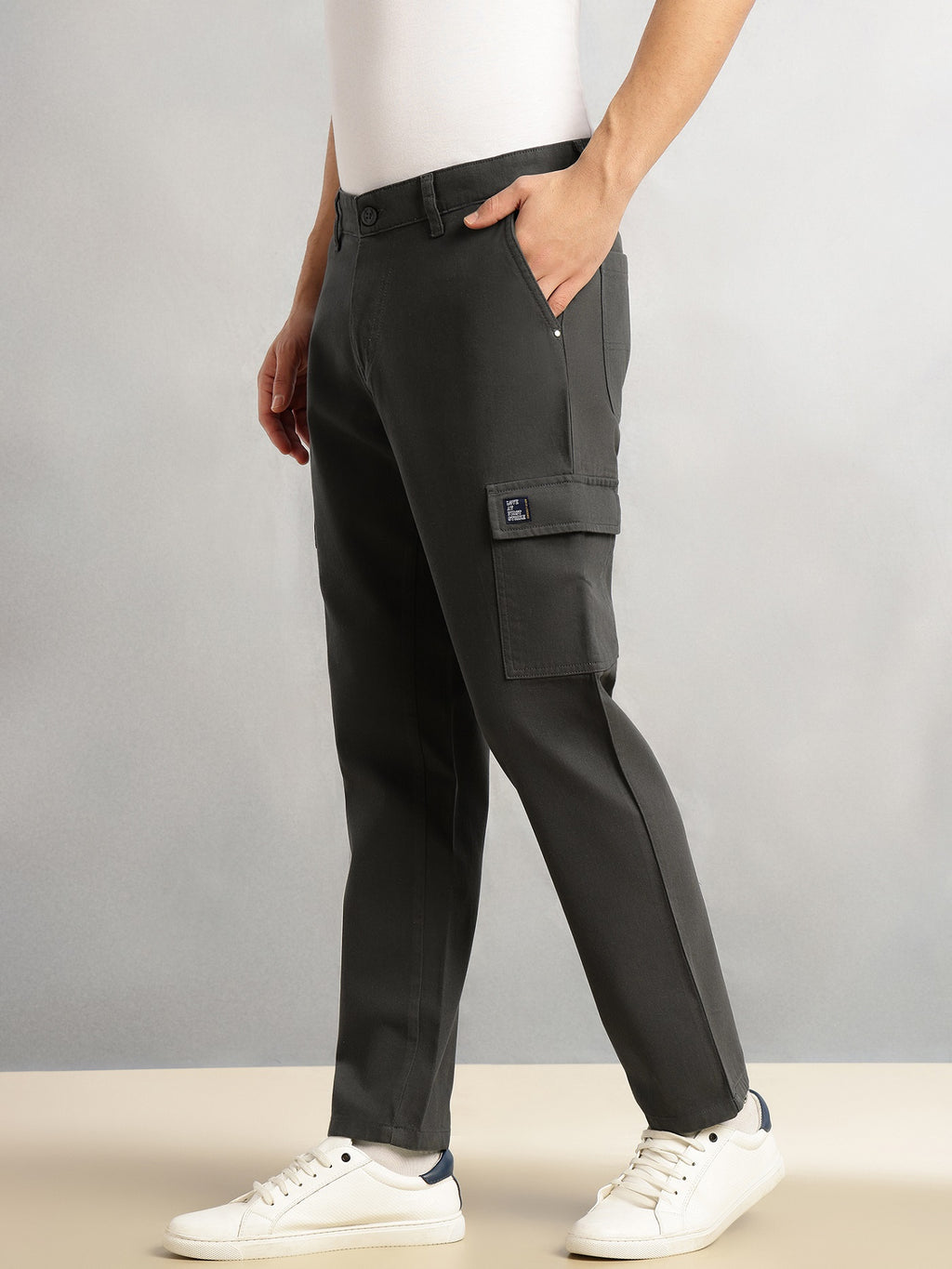 Thomas Scott Men Dark Grey Cricket Club Collection Straight Fit Mid-Rise 100% Cotton Woven Cargo Trouser