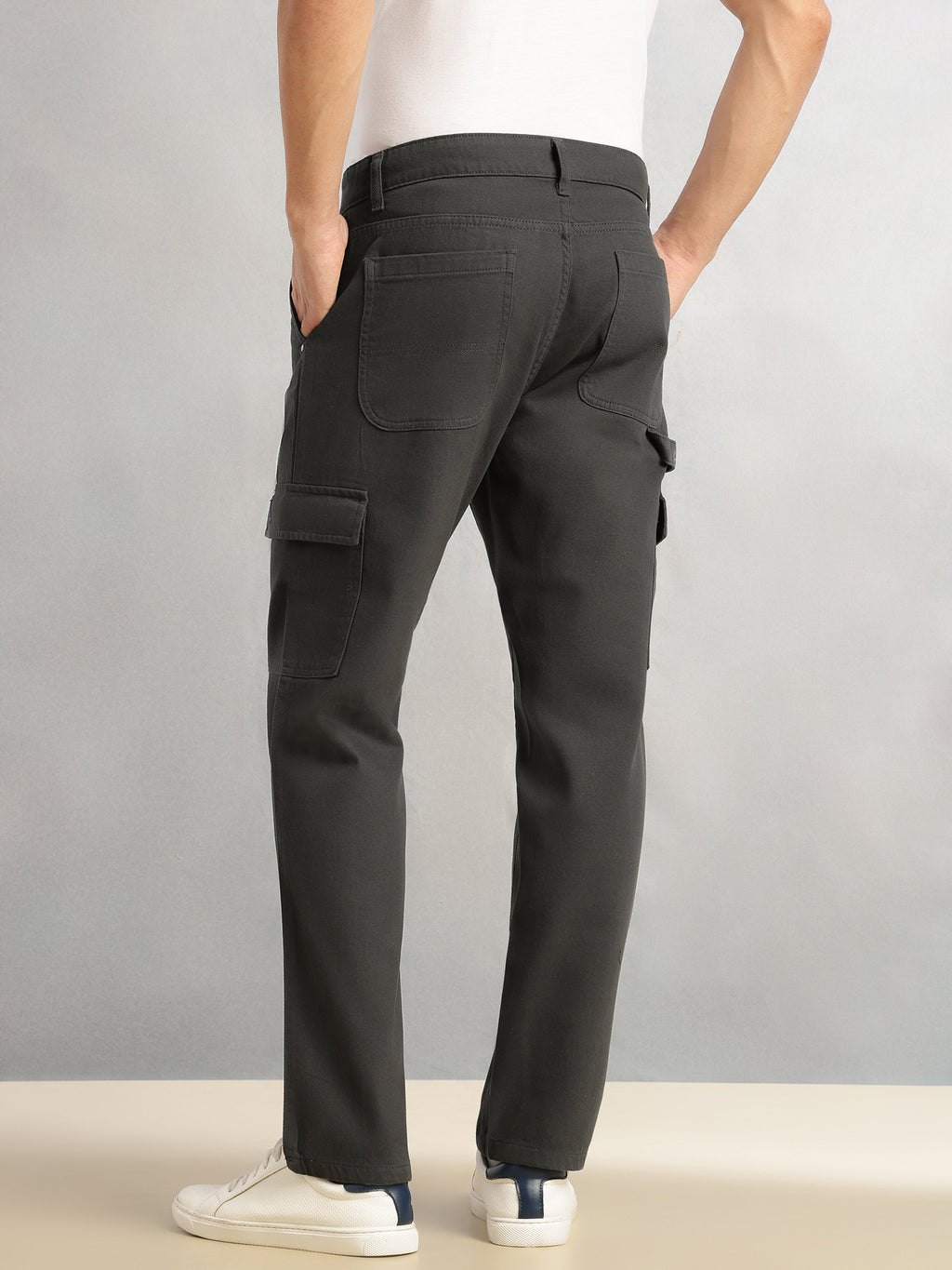Thomas Scott Men Dark Grey Cricket Club Collection Straight Fit Mid-Rise 100% Cotton Woven Cargo Trouser