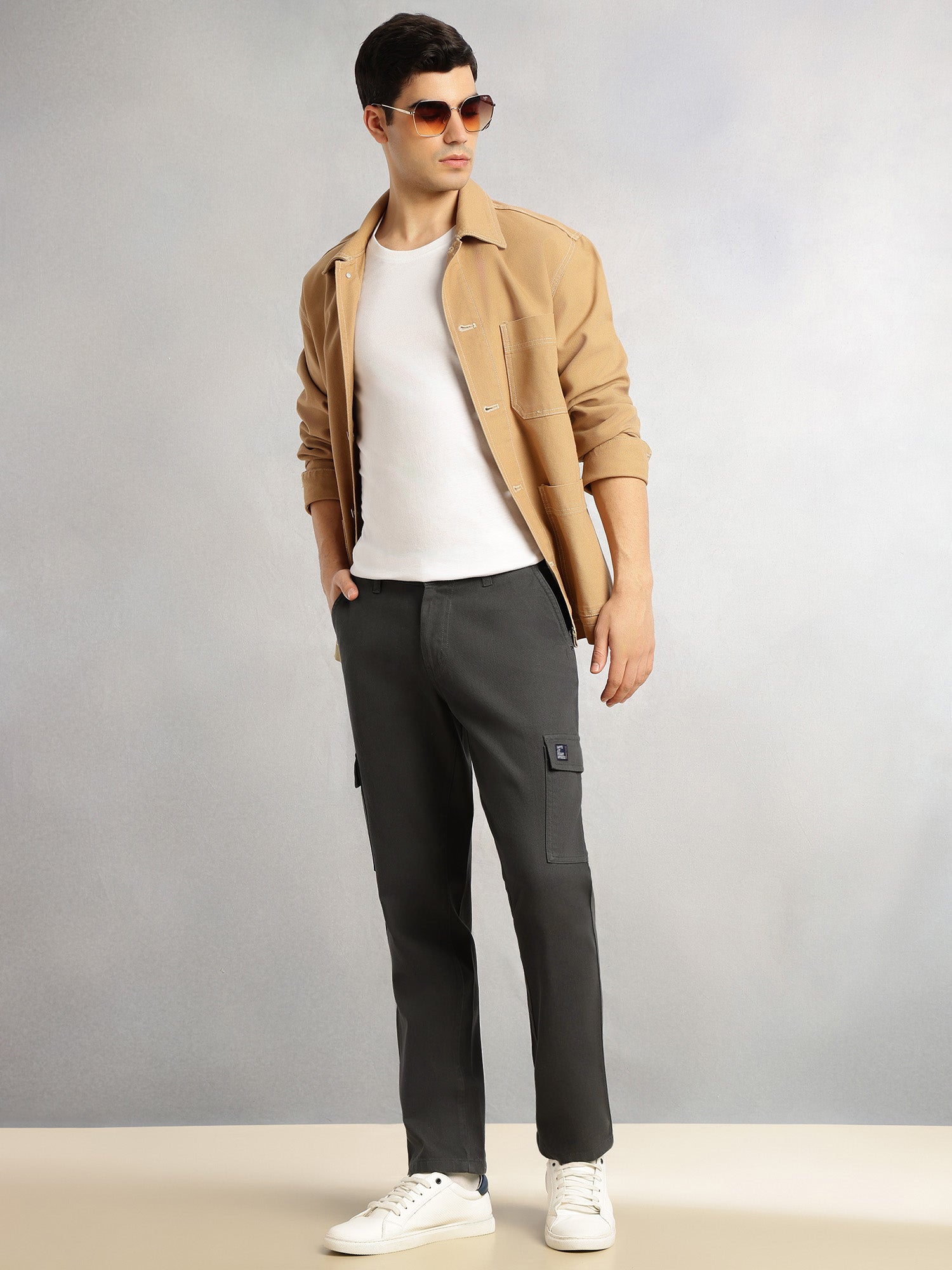 Thomas Scott Men Dark Grey Cricket Club Collection Straight Fit Mid-Rise 100% Cotton Woven Cargo Trouser