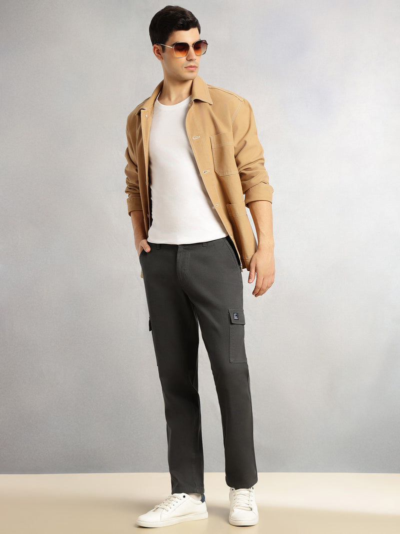 Thomas Scott Men Dark Grey Cricket Club Collection Straight Fit Mid-Rise 100% Cotton Woven Cargo Trouser