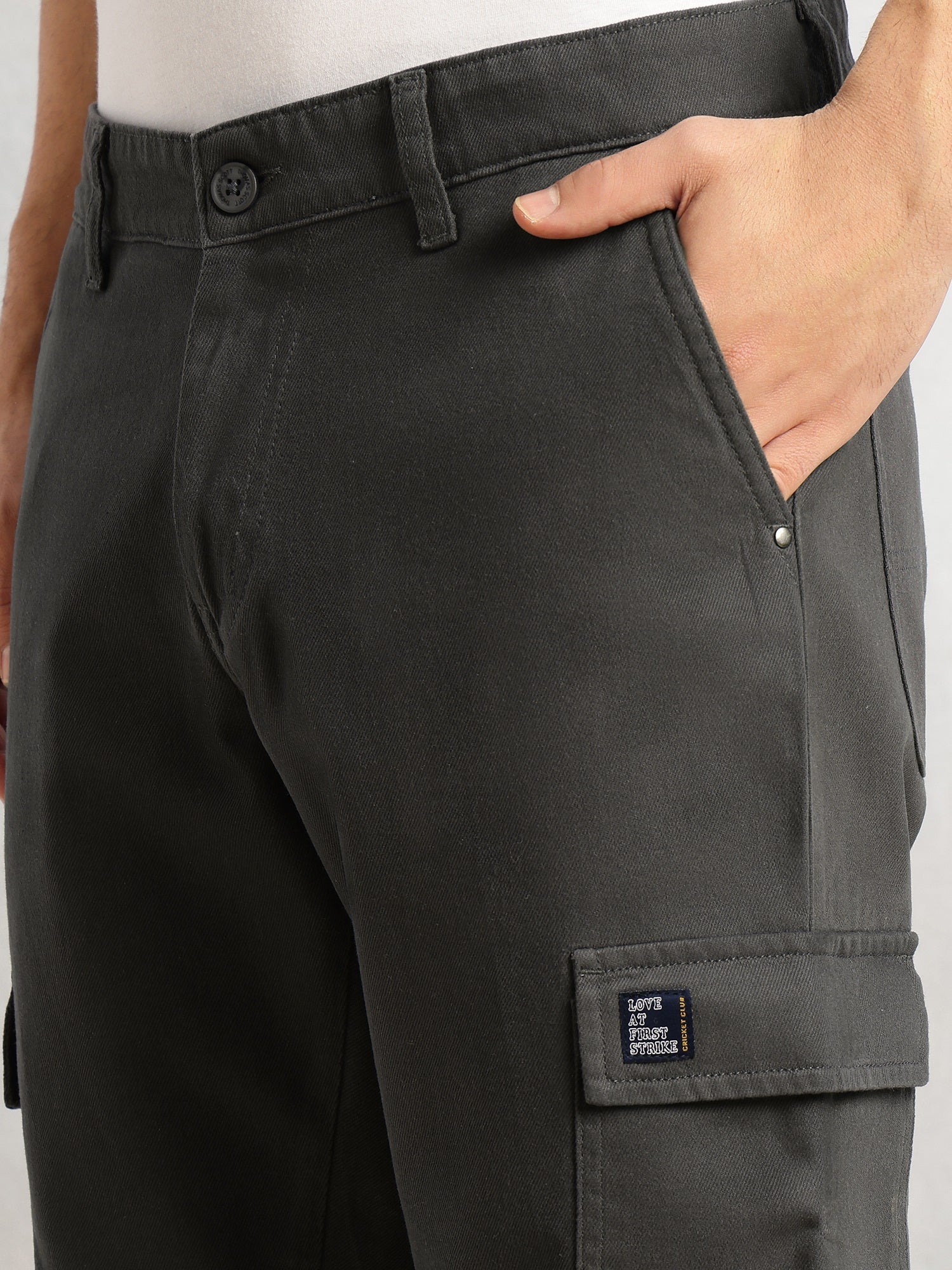 Thomas Scott Men Dark Grey Cricket Club Collection Straight Fit Mid-Rise 100% Cotton Woven Cargo Trouser