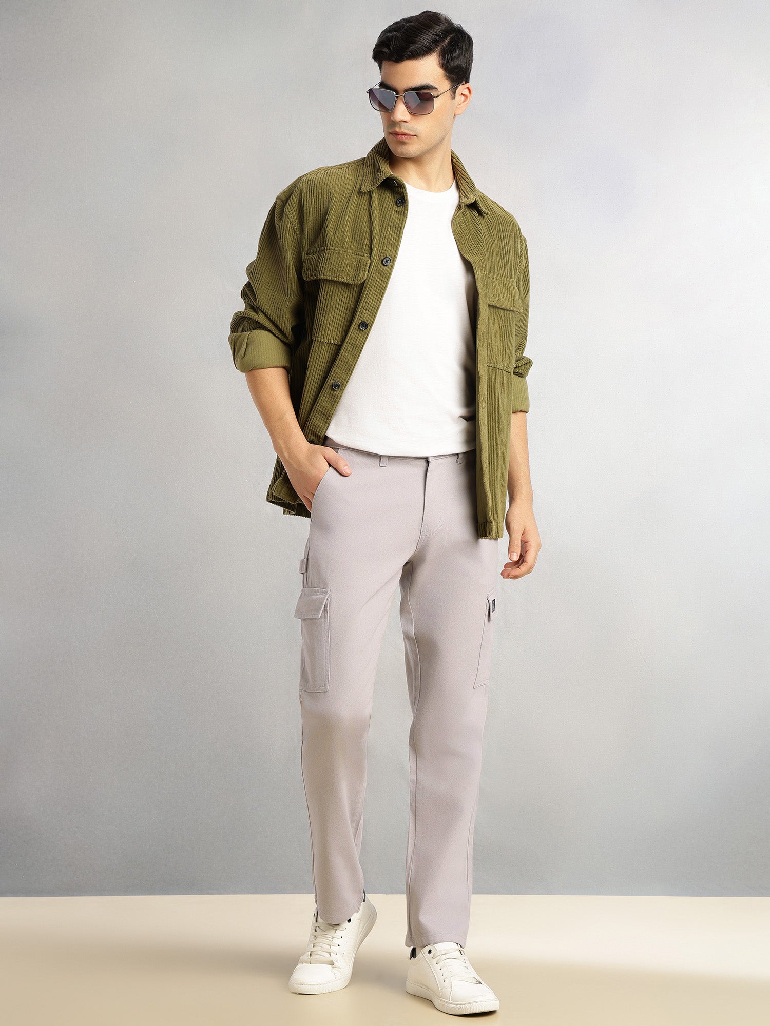Thomas Scott Men Grey Cricket Club Collection Straight Fit Mid-Rise 100% Cotton Woven Cargo Trouser