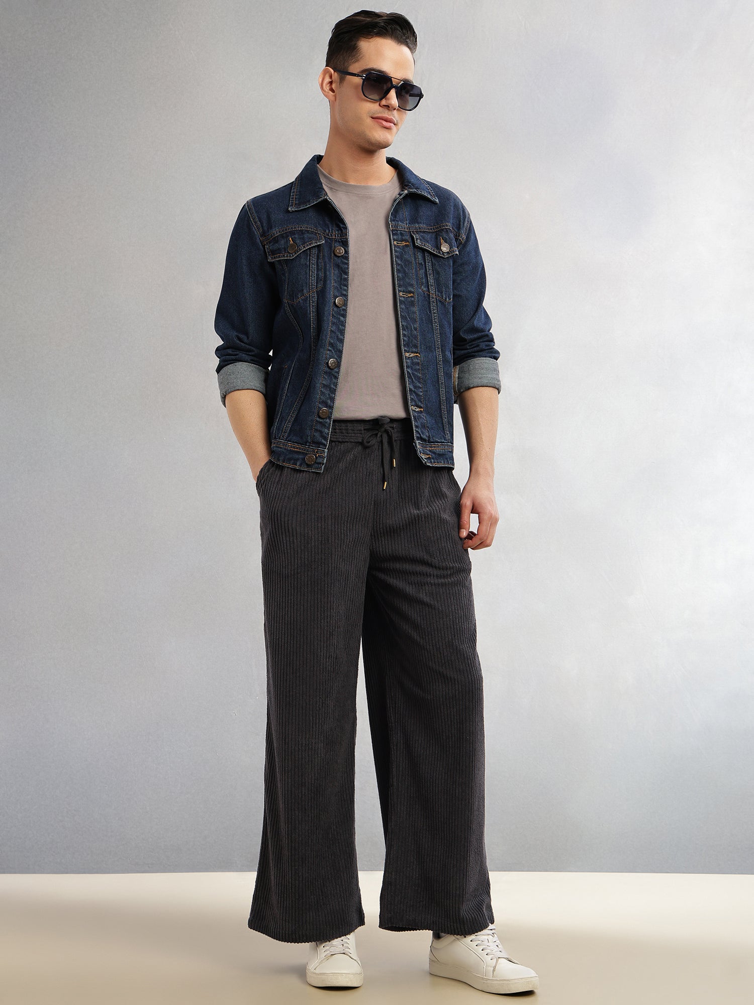 Thomas Scott Men Grey Cricket Club Collection Regular Fit Textured Corduroy Trousers