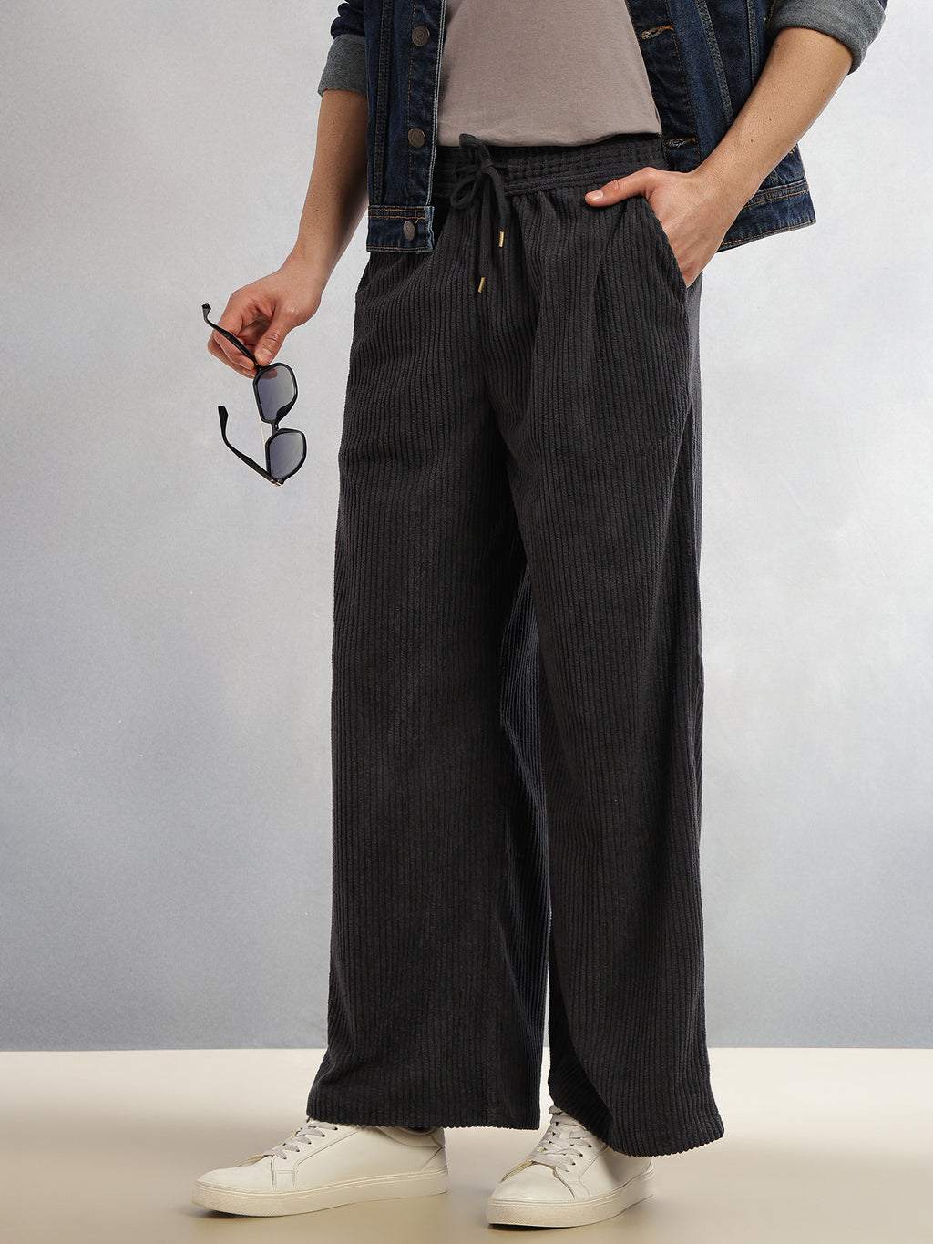 Thomas Scott Men Grey Cricket Club Collection Regular Fit Textured Corduroy Trousers
