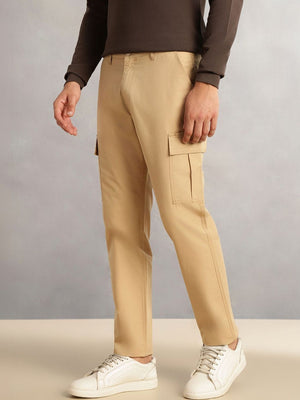 Beige Cricket Club Collection Straight Fit Solid 4 Pockets Design Woven Cargo Trouser For Men