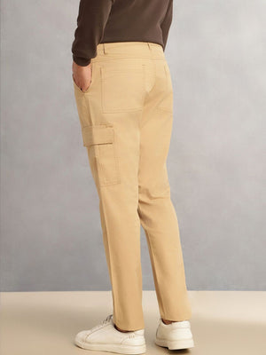 Beige Cricket Club Collection Straight Fit Solid 4 Pockets Design Woven Cargo Trouser For Men