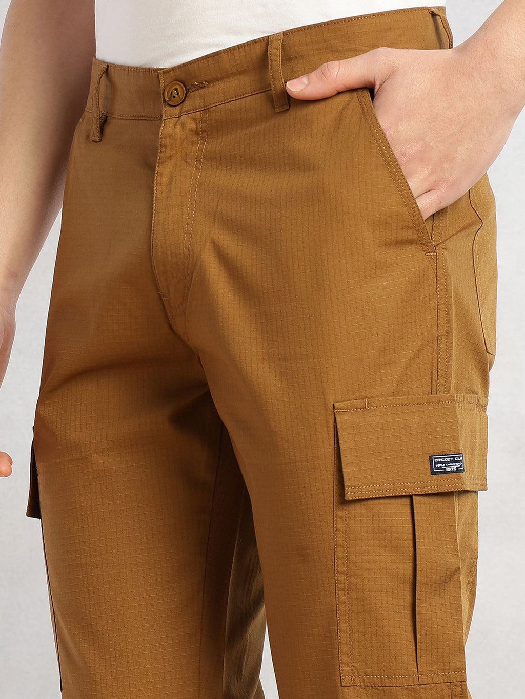 Brown Cricket Club Collection Relaxed Fit Mid-Rise 100% Cotton Woven Cargo Trouser For Men
