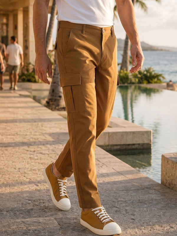 Brown Cricket Club Collection Relaxed Fit Mid-Rise 100% Cotton Woven Cargo Trouser For Men