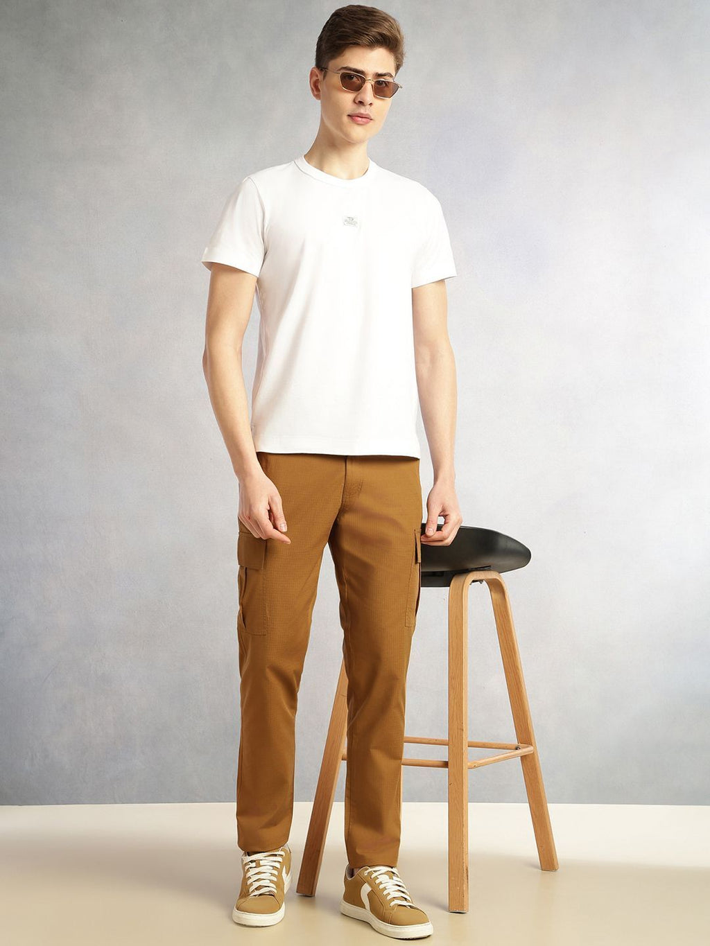 Brown Cricket Club Collection Relaxed Fit Mid-Rise 100% Cotton Woven Cargo Trouser For Men