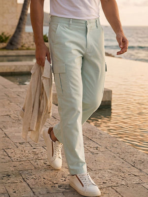 Sky Blue Cricket Club Collection Relaxed Fit Mid-Rise 100% Cotton Woven Cargo Trouser For Men