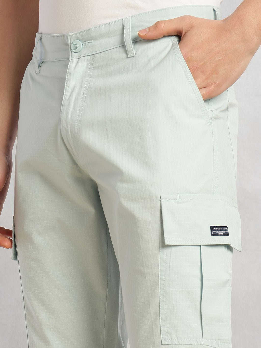 Sky Blue Cricket Club Collection Relaxed Fit Mid-Rise 100% Cotton Woven Cargo Trouser For Men
