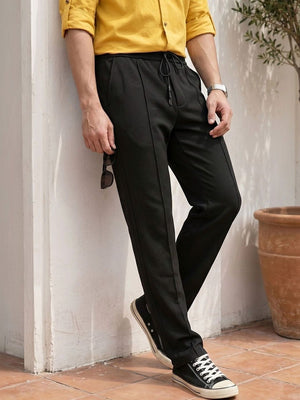 Black Smart Regular Fit Mid-Rise Textured Pleated Knitted Casual Trouser For Men