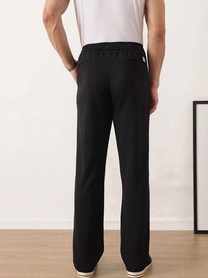 Black Smart Regular Fit Mid-Rise Textured Pleated Knitted Casual Trouser For Men