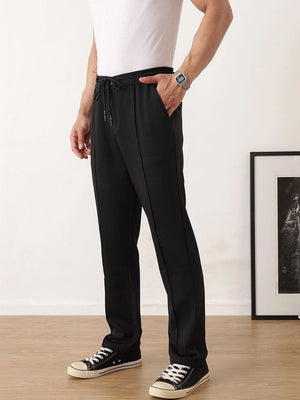 Black Smart Regular Fit Mid-Rise Textured Pleated Knitted Casual Trouser For Men