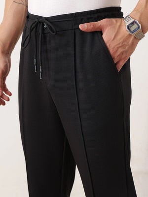 Black Smart Regular Fit Mid-Rise Textured Pleated Knitted Casual Trouser For Men