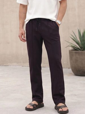 Wine Smart Regular Fit Mid-Rise Textured Pleated Knitted Casual Trouser For Men